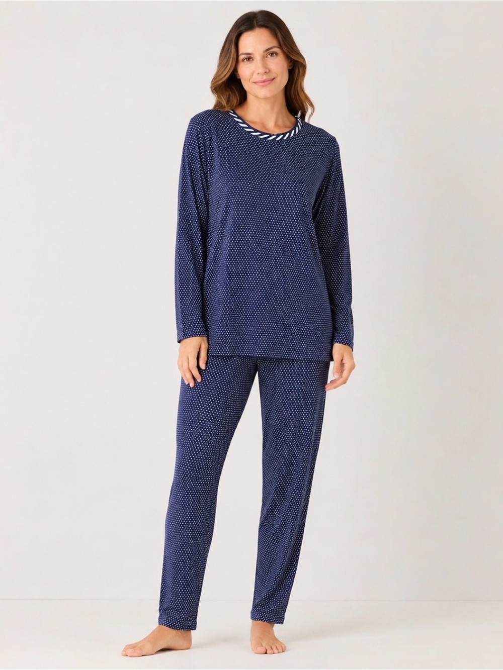 LANDSEND WMS PLUS PAJAMA SET LOUNGING SET Slimmer Leg, Navy w/ White Polka Dots